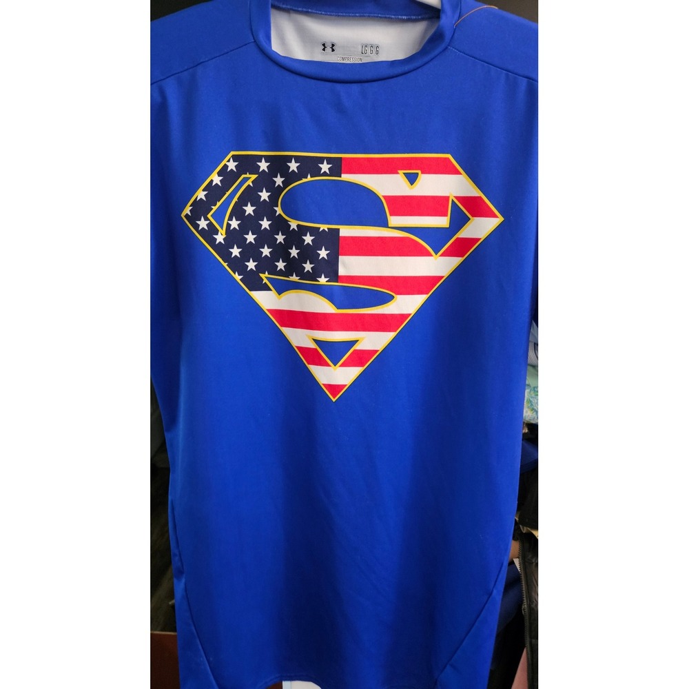 Under Armour Superman USA Flag Compression Shirt Mens Large Blue HeatGear Tee